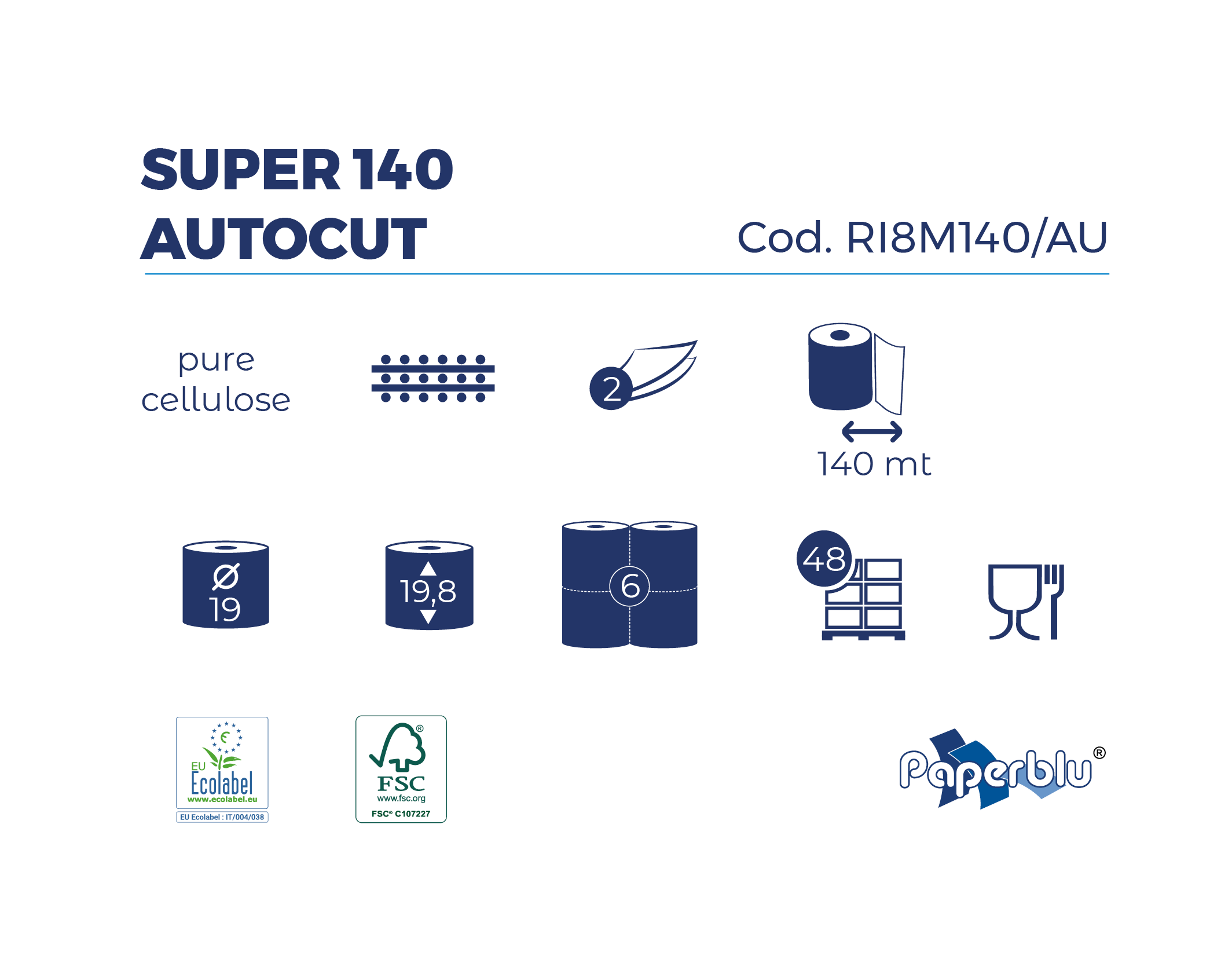 6 Rollen Autocut-Handtuchrollen – 2-lagig, 140m, 100% Zellstoff, FSC & Ecolabel