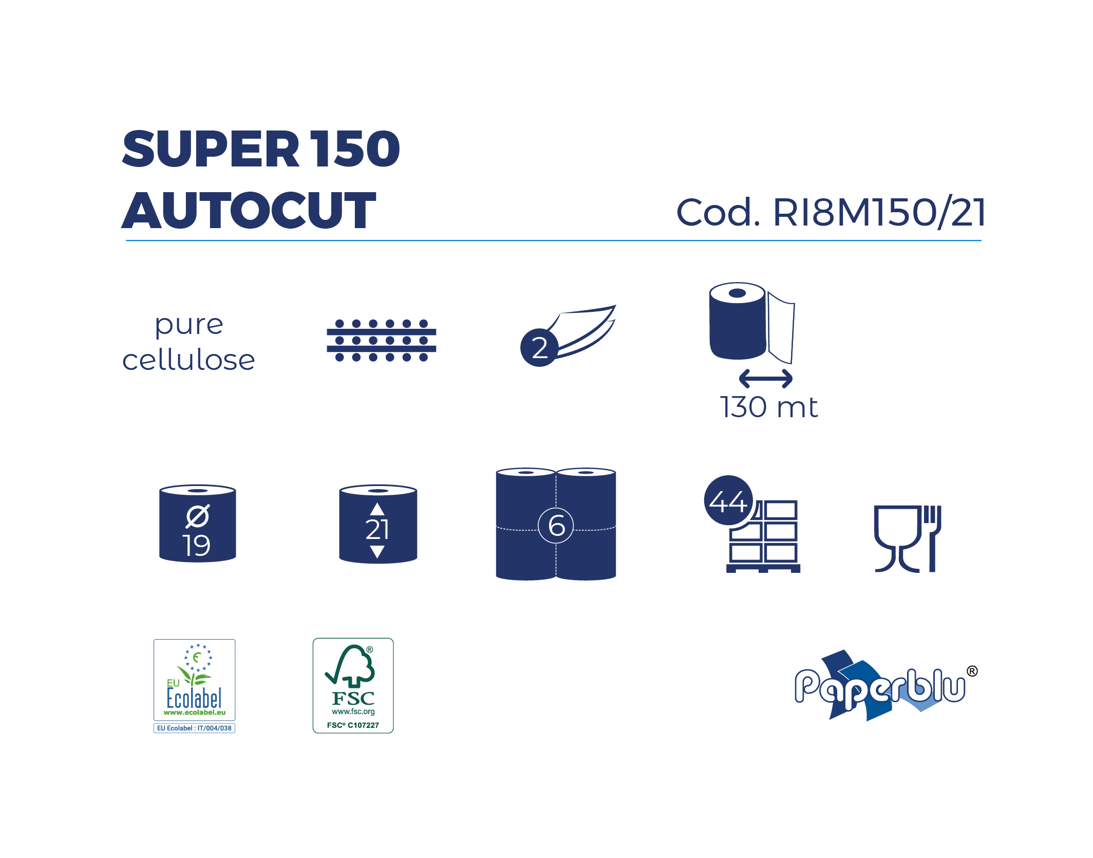6 Rollen Handtuchrollen Super 150 Autocut – 2-lagig, 130m, 21 cm Breite, Hochweiß