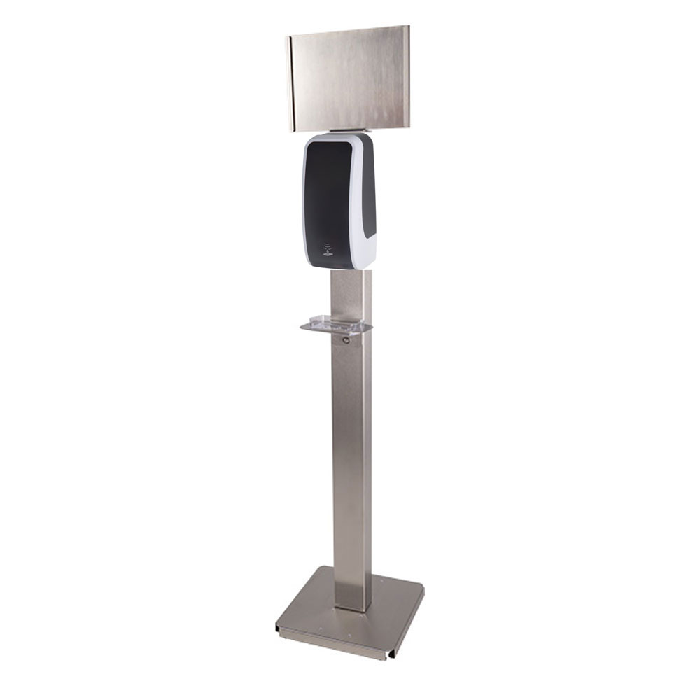 Spender schwazr weiss an Standfuss Edelstahl mit Tafel