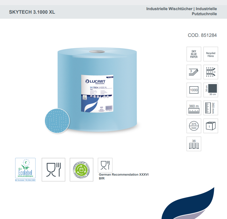 Lucart Skytech 3.1000 XL Putzpapierrolle, 3-lagig, Blau – 1000 Blatt