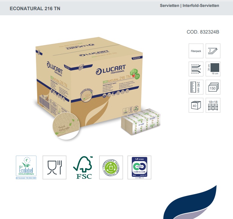 Lucart EcoNatural 216 TN Spenderservietten, 2-lagig, 16x24 cm, 100% Recycling Fiberpack® (6.000 Stck.)