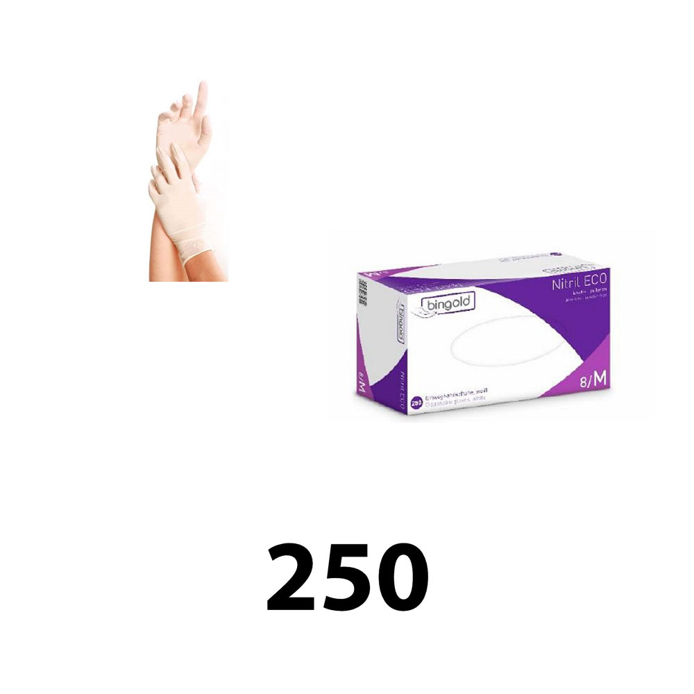bingold ,250 Einmalhandschuhe, Nitril, weiß, Gr. M + L