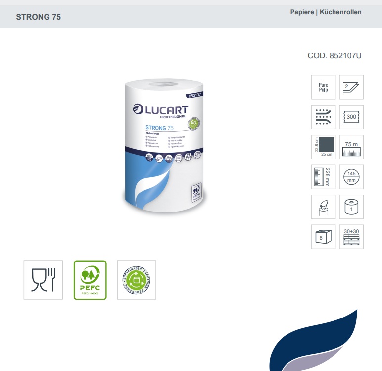 Lucart Strong 75 Küchenrollen – 2-lagiges Kraftpaket (8 Rollen à 75m)