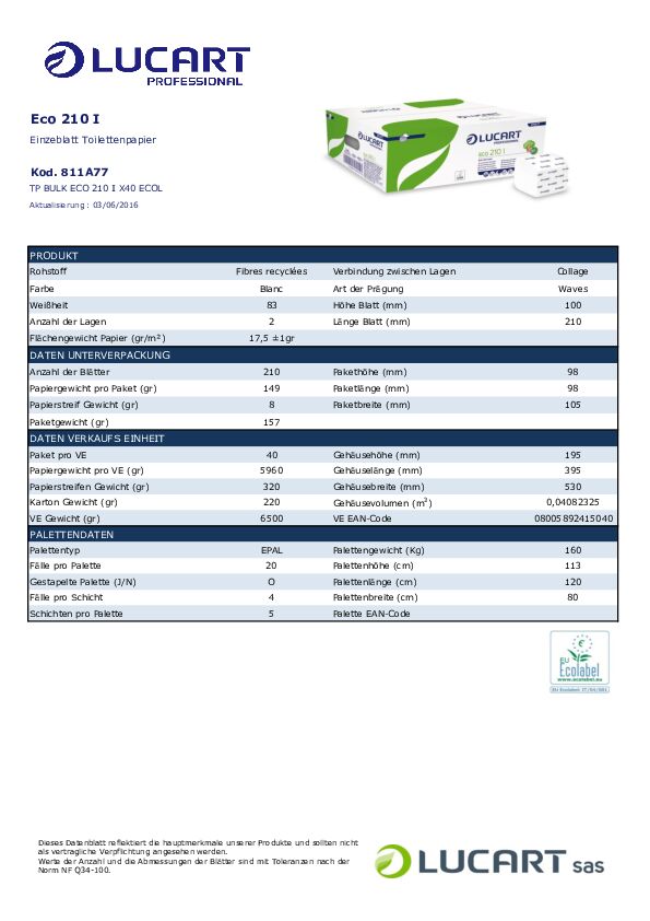 Datenblatt 811A77 Lucart Eco 210I Interfold-Toilettenpapier