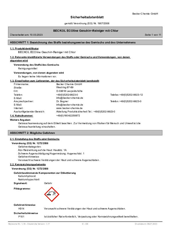 Geschirr Reiniger Sicherheitsdatenblatt