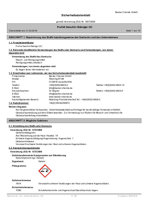 Geschirr Reiniger OC Sicherheitsdatenblatt