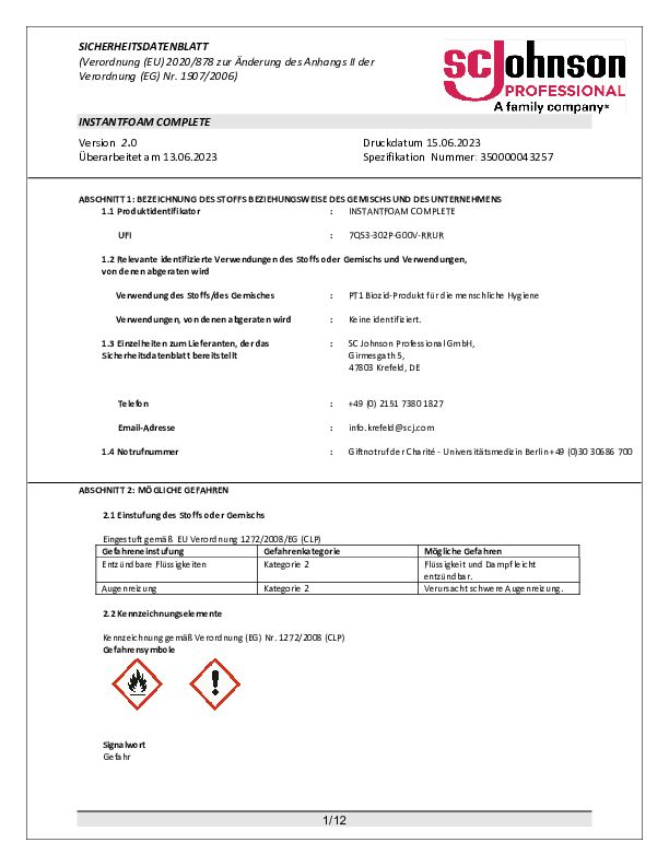 Sicherheitsdatenblatt IFS1000 Instant Foam SCJ
