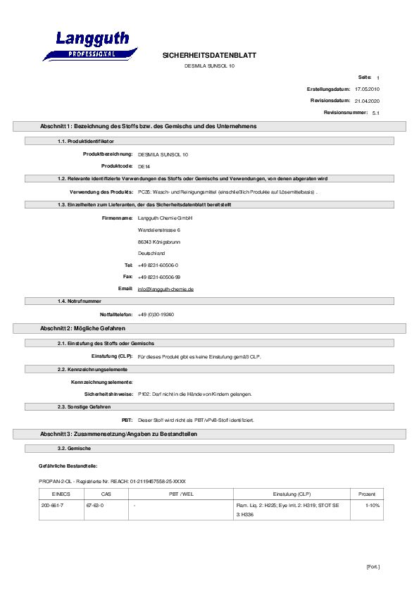 Sicherheitsdatenblatt DE14 Desmila® Sunsol 10