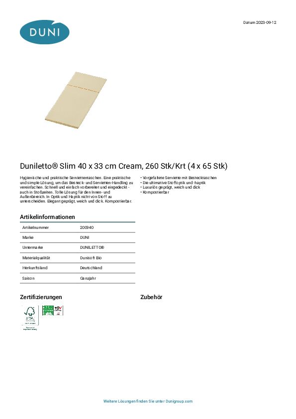 Produktdatenblatt Duniletto® Slim 40 x 33 cm Cream, 260 Stk/Krt (4 x 65 Stk)