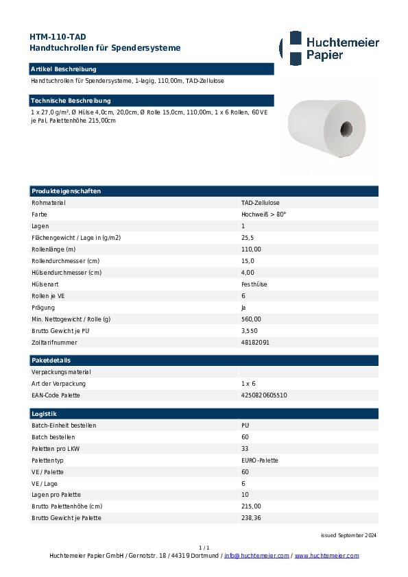 Datenblatt TAD Handtuchrolle 20 cm Breite