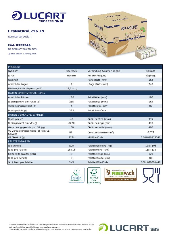Datenblatt 832324 Recycling Spenderservietten EcoNatural 216TI