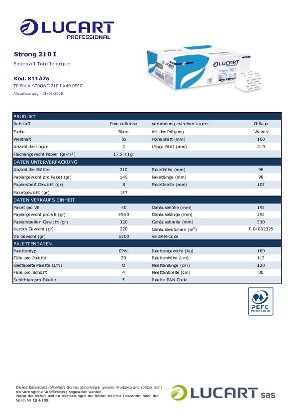 Datenblatt 811A76 Strong 210I Interfold Toilettenpapier