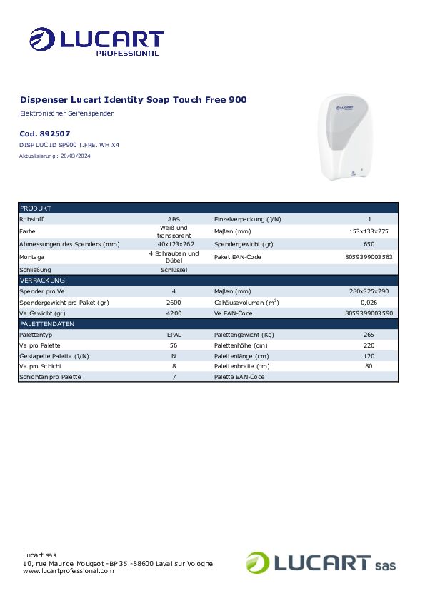 Datenblatt Schaumseifenspender Lucart Touch free soap