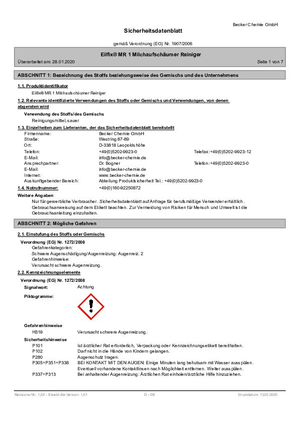 MR1 Sicherheitsdatenblatt