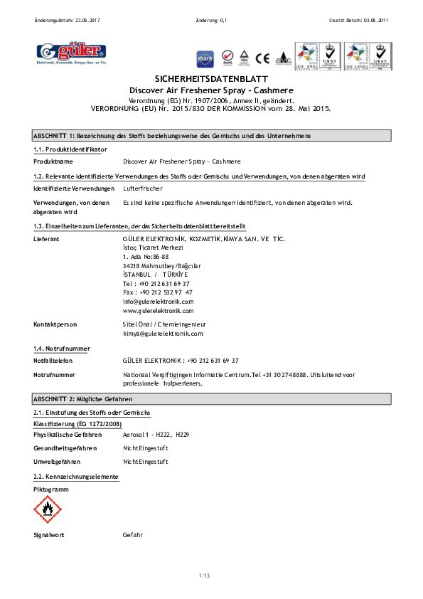 Sicherheitsdatenblatt Duftdose Cahmere